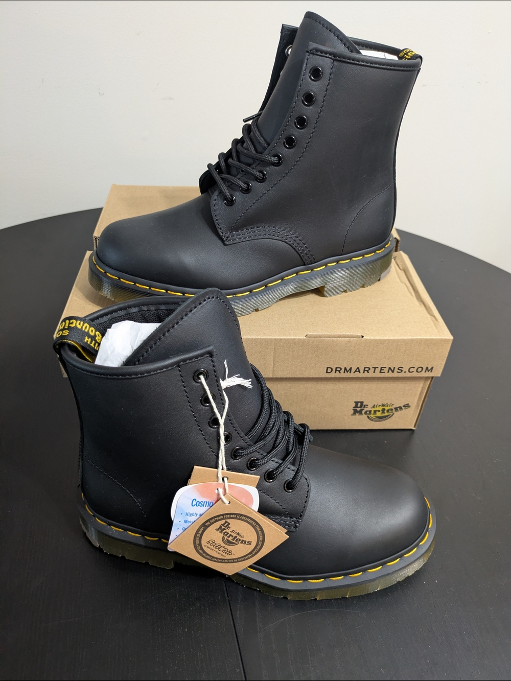 Dr. Martens 1460 Black Leather Lace-Up Boots with Yellow Stitching